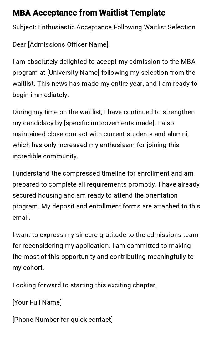 MBA Acceptance from Waitlist Template MBA Acceptance from Waitlist Template