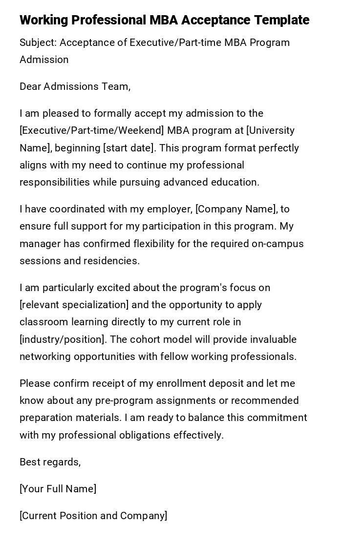 Working Professional MBA Acceptance Template Working Professional MBA Acceptance Template