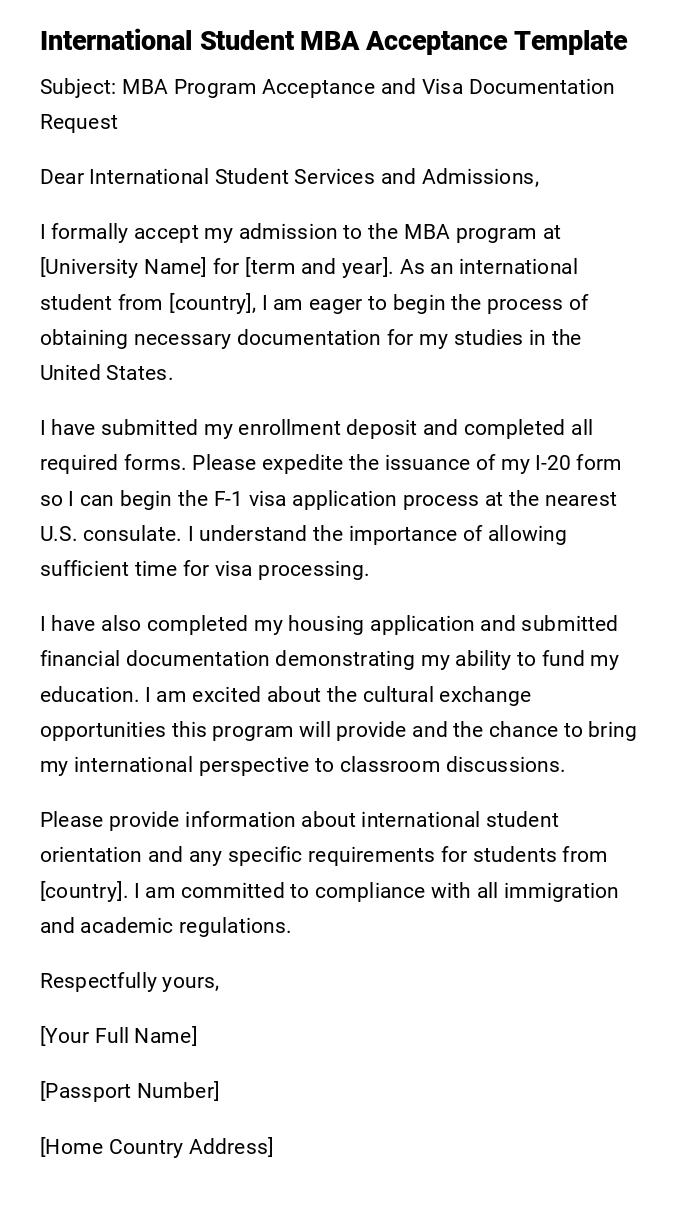 International Student MBA Acceptance Template International Student MBA Acceptance Template