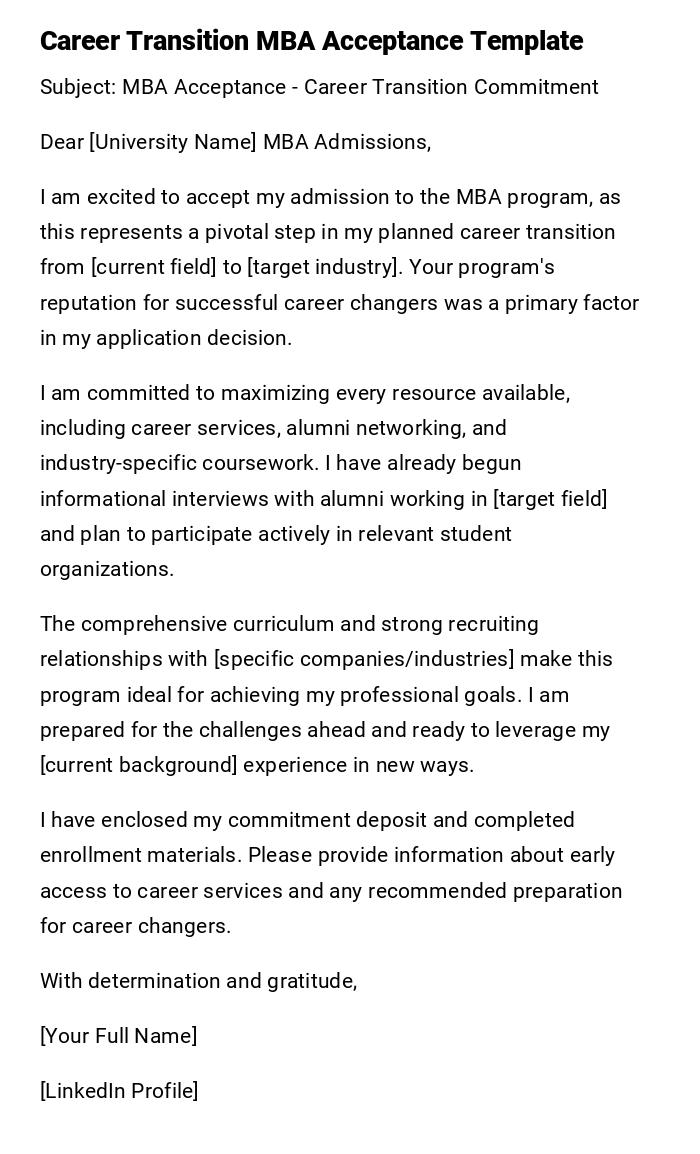 Career Transition MBA Acceptance Template Career Transition MBA Acceptance Template