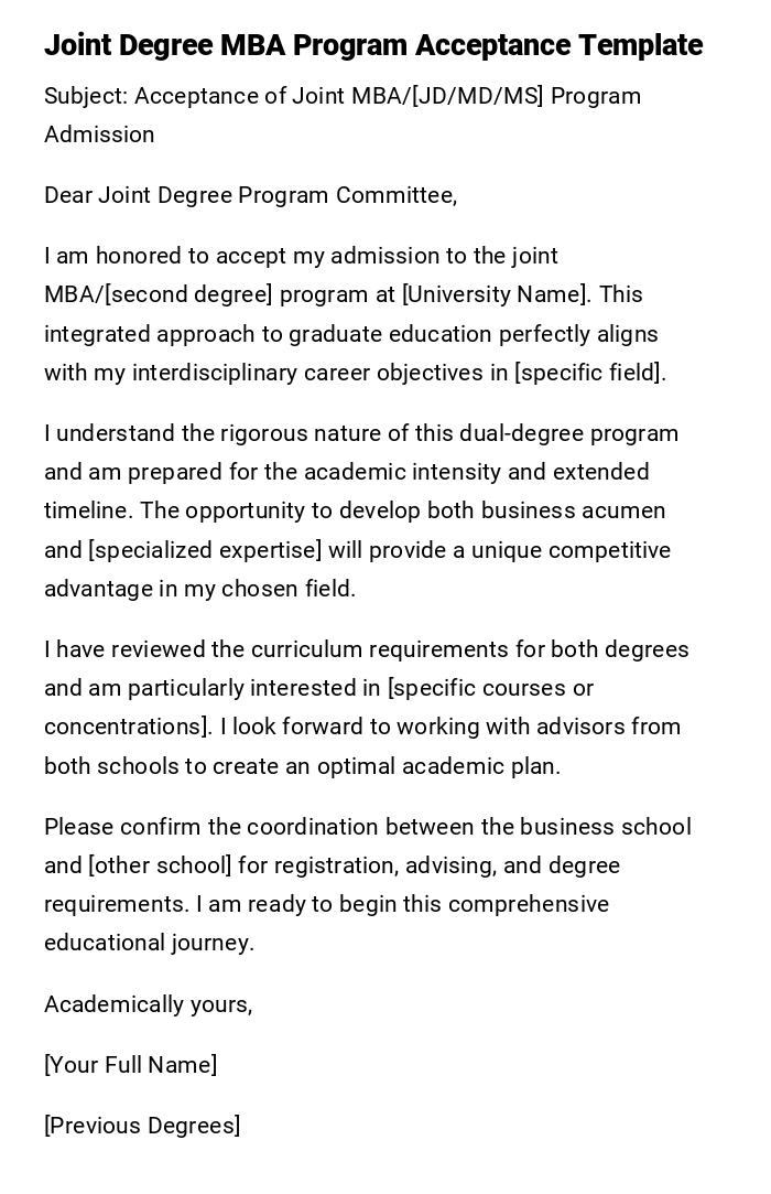 Joint Degree MBA Program Acceptance Template Joint Degree MBA Program Acceptance Template