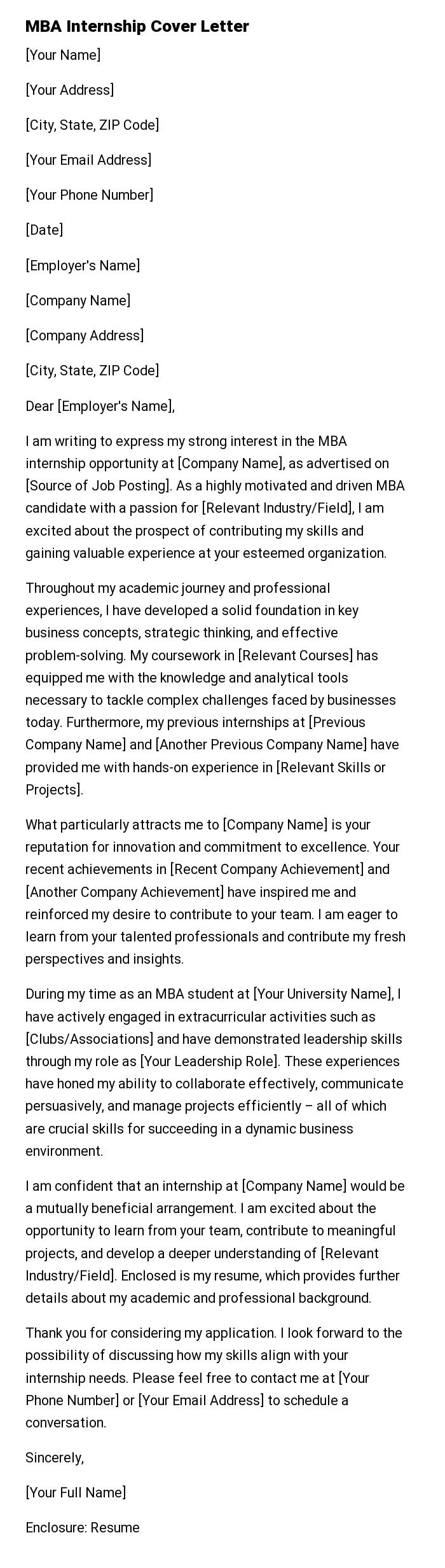 MBA Internship Cover Letter