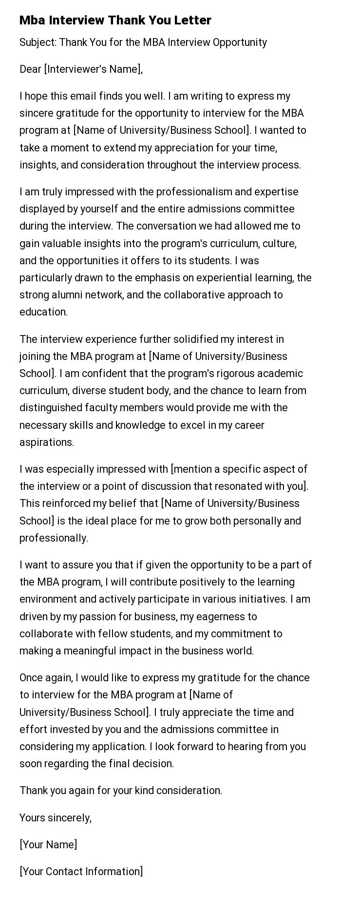 Mba Interview Thank You Letter