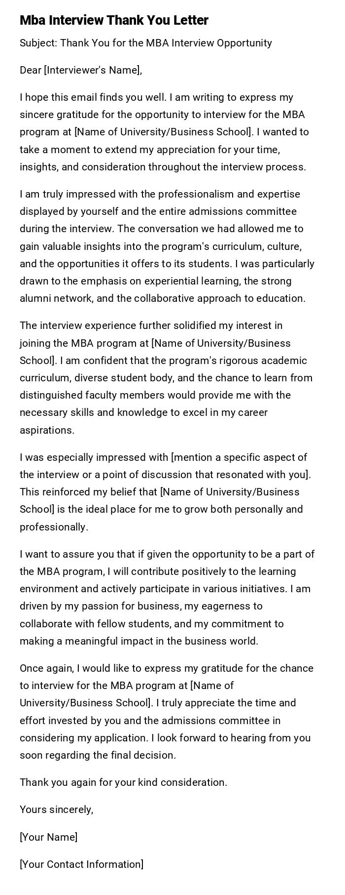 Mba Interview Thank You Letter