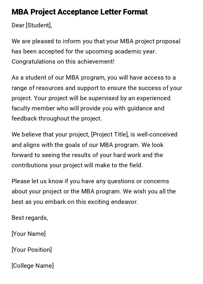 MBA Project Acceptance Letter Format