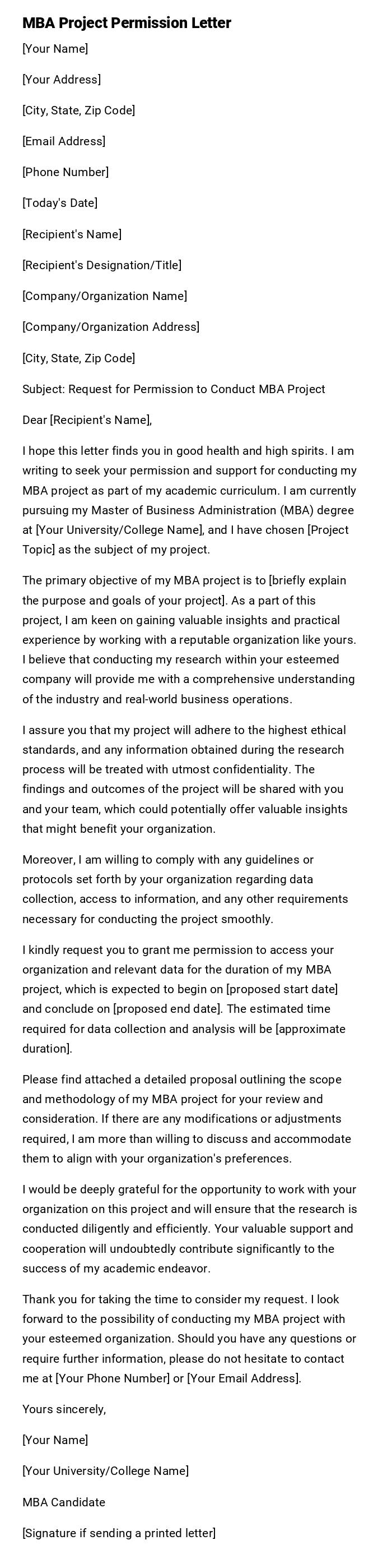 MBA Project Permission Letter