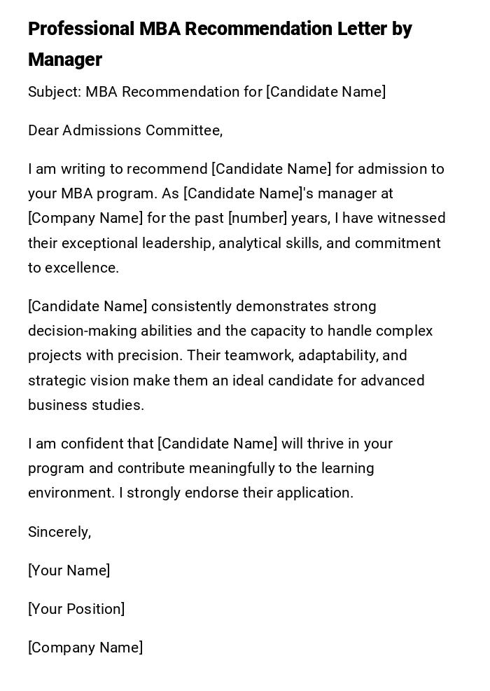 Professional MBA Recommendation Letter by Manager