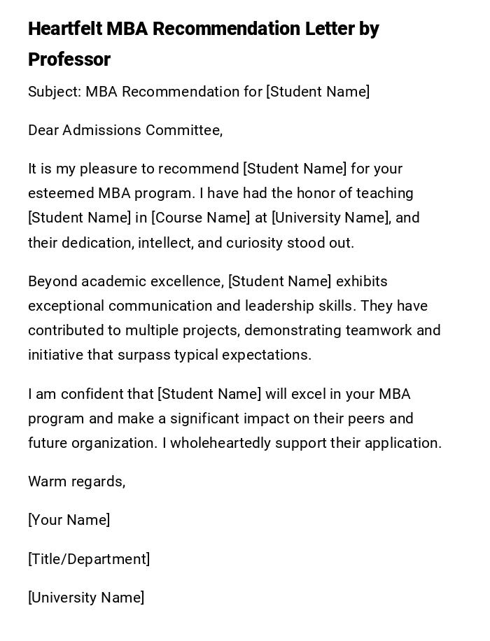 Heartfelt MBA Recommendation Letter by Professor