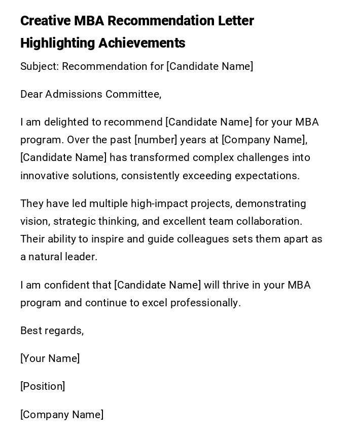 Creative MBA Recommendation Letter Highlighting Achievements