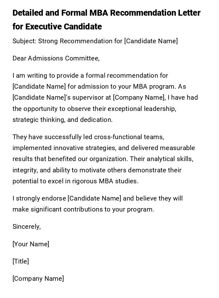 Detailed and Formal MBA Recommendation Letter for Executive Candidate
