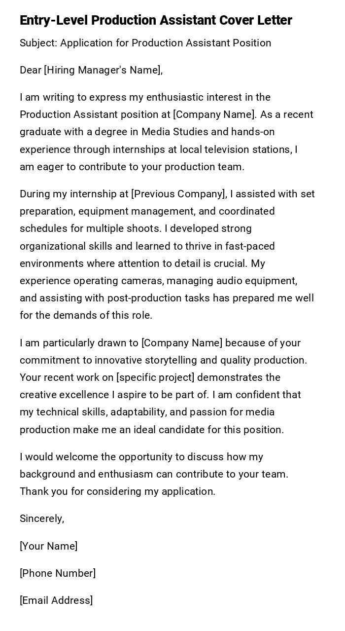 Entry-Level Production Assistant Cover Letter Entry-Level Production Assistant Cover Letter