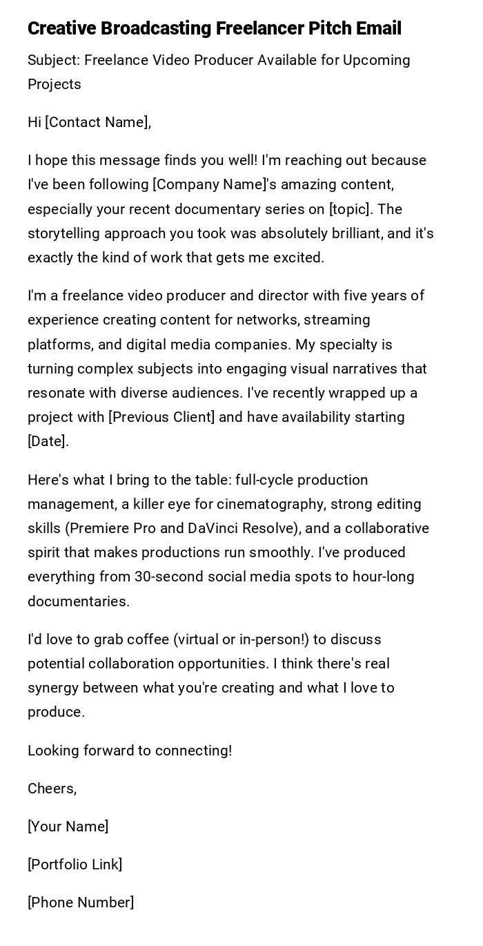 Creative Broadcasting Freelancer Pitch Email Creative Broadcasting Freelancer Pitch Email