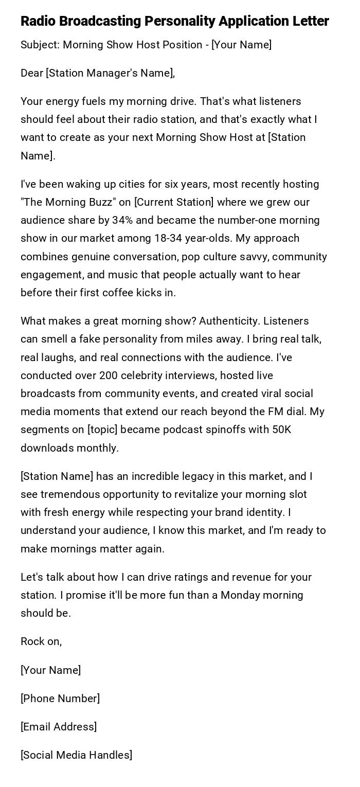 Radio Broadcasting Personality Application Letter Radio Broadcasting Personality Application Letter