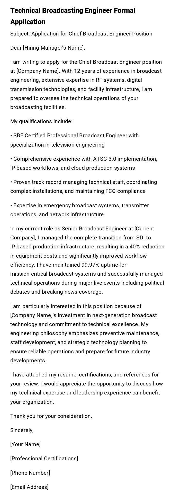 Technical Broadcasting Engineer Formal Application Technical Broadcasting Engineer Formal Application