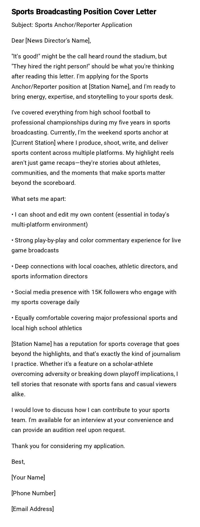 Sports Broadcasting Position Cover Letter Sports Broadcasting Position Cover Letter