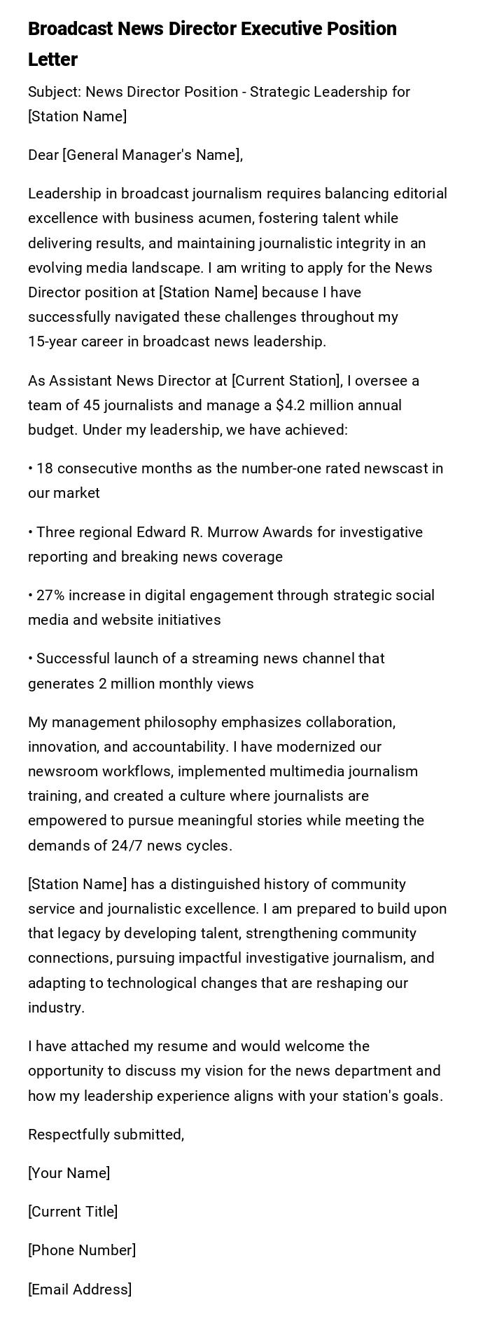 Broadcast News Director Executive Position Letter Broadcast News Director Executive Position Letter