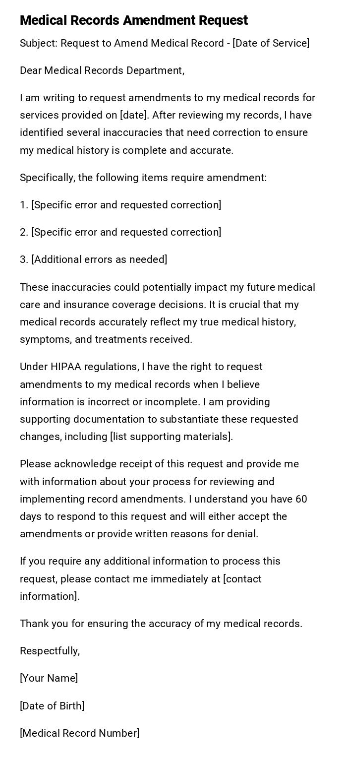 Medical Records Amendment Request Medical Records Amendment Request