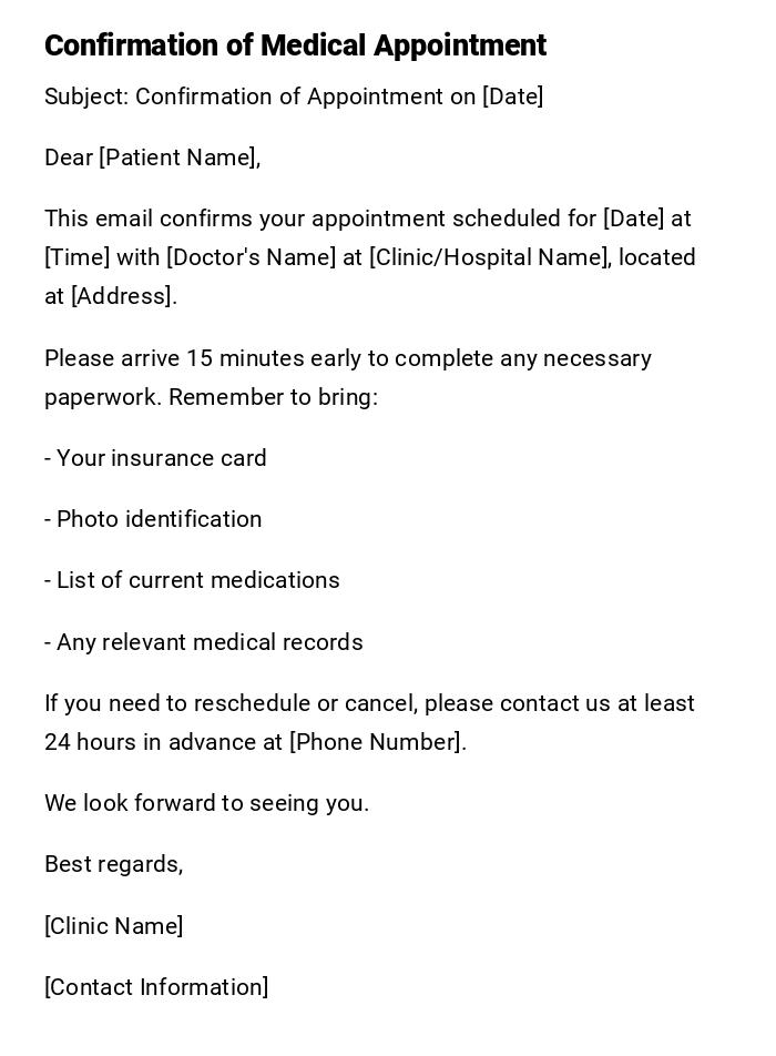 Confirmation of Medical Appointment Confirmation of Medical Appointment