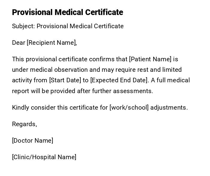 Provisional Medical Certificate Provisional Medical Certificate