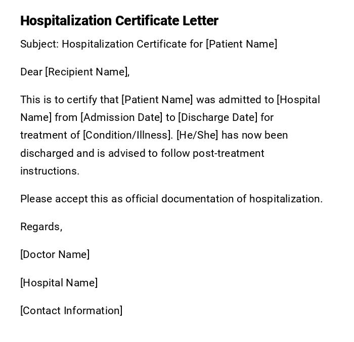 Hospitalization Certificate Letter Hospitalization Certificate Letter