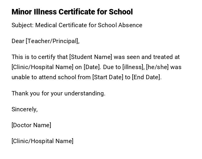 Minor Illness Certificate for School Minor Illness Certificate for School