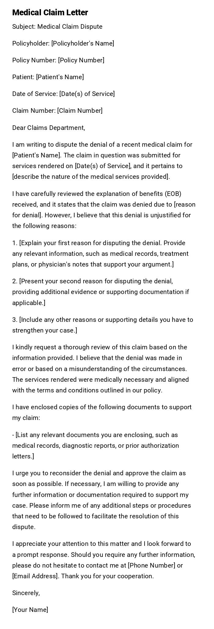 Medical Claim Letter