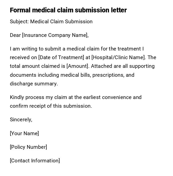 Formal medical claim submission letter