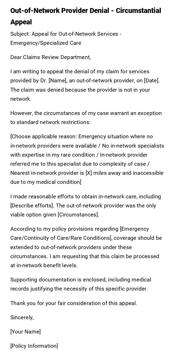 Out-of-Network Provider Denial - Circumstantial Appeal Out-of-Network Provider Denial - Circumstantial Appeal