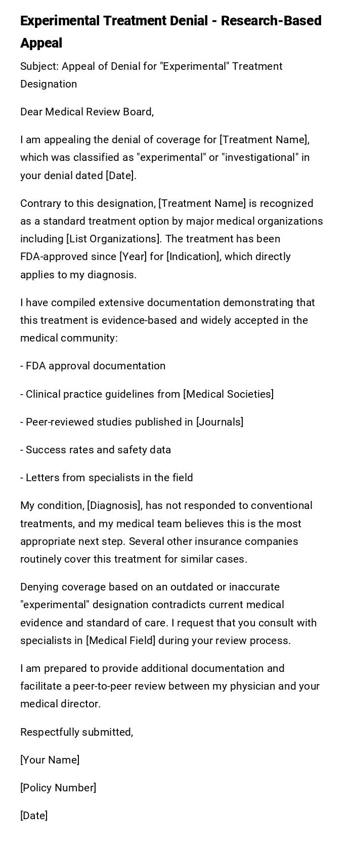 Experimental Treatment Denial - Research-Based Appeal Experimental Treatment Denial - Research-Based Appeal