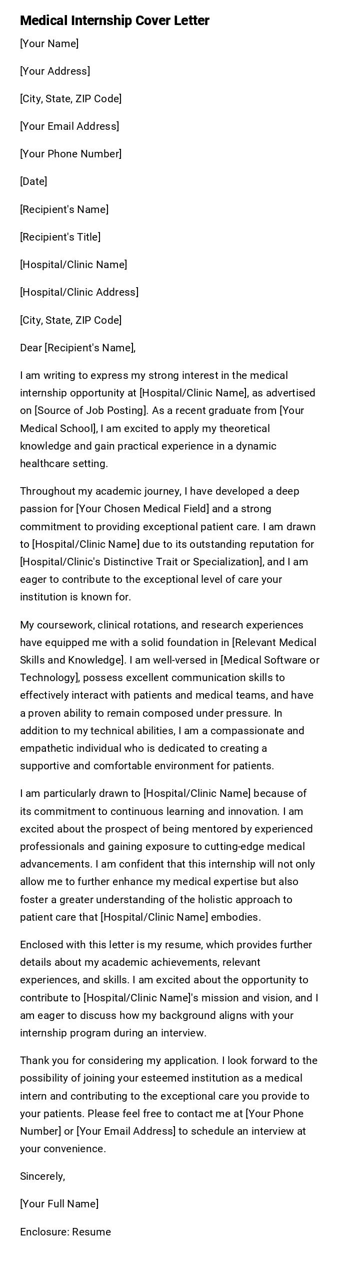 Medical Internship Cover Letter