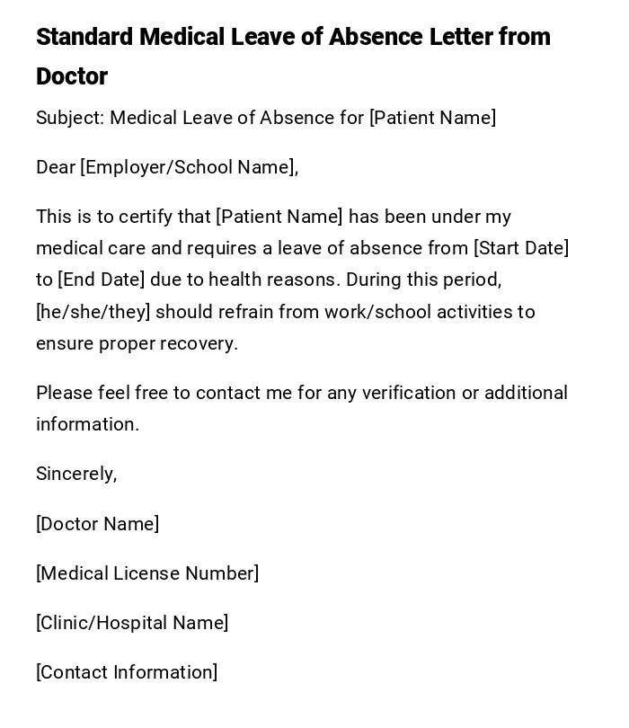 Standard Medical Leave of Absence Letter from Doctor Standard Medical Leave of Absence Letter from Doctor