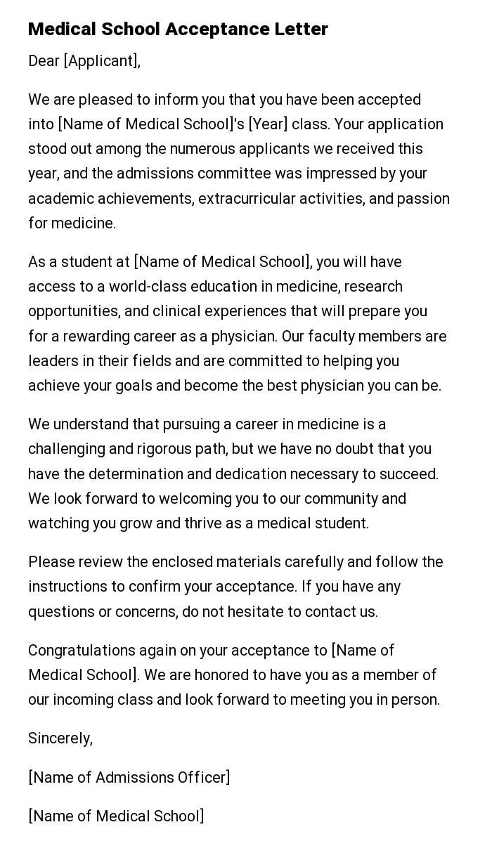 Medical School Acceptance Letter