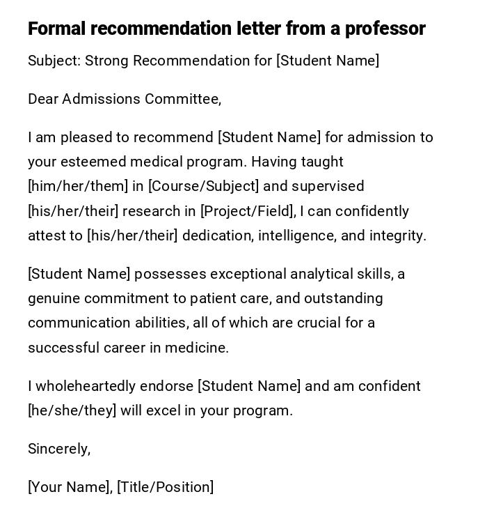Formal recommendation letter from a professor
