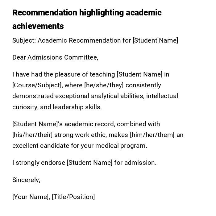 Recommendation highlighting academic achievements