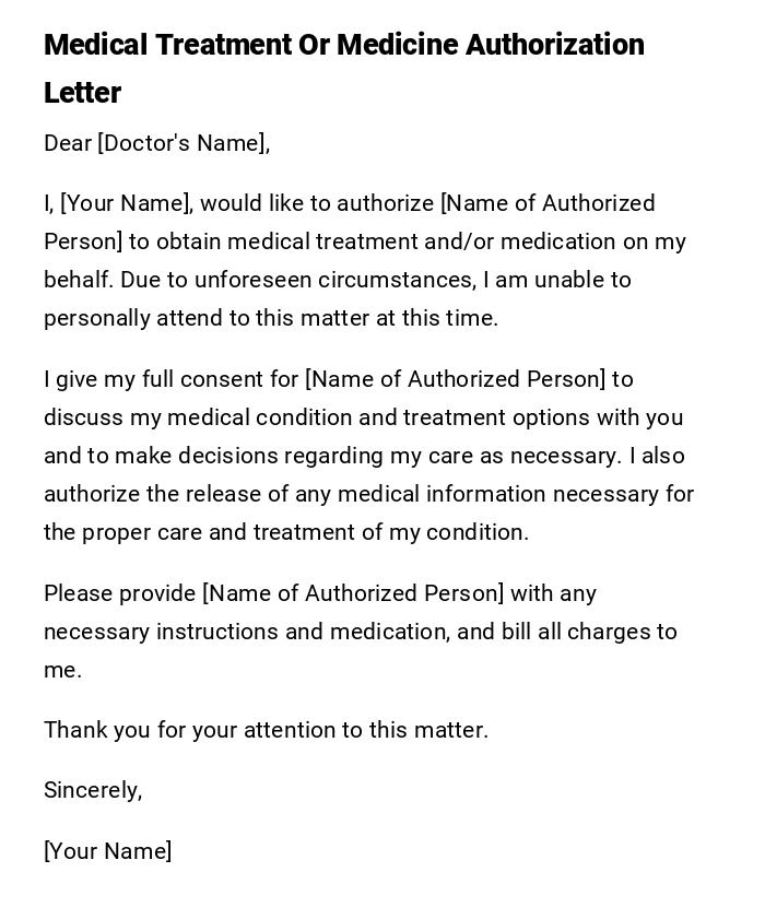 Medical Treatment Or Medicine Authorization Letter Medical Treatment Or Medicine Authorization Letter