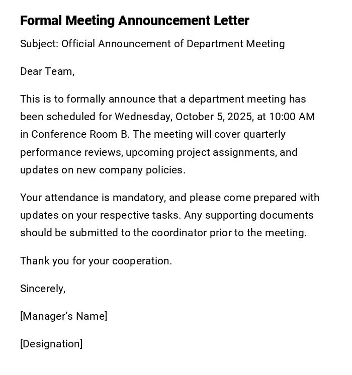 Formal Meeting Announcement Letter Formal Meeting Announcement Letter