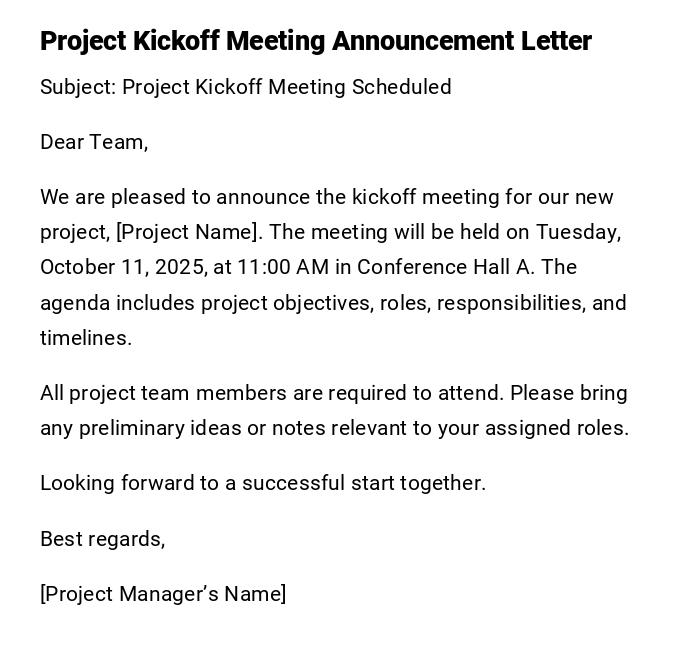 Project Kickoff Meeting Announcement Letter Project Kickoff Meeting Announcement Letter