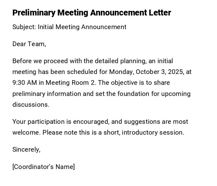 Preliminary Meeting Announcement Letter Preliminary Meeting Announcement Letter