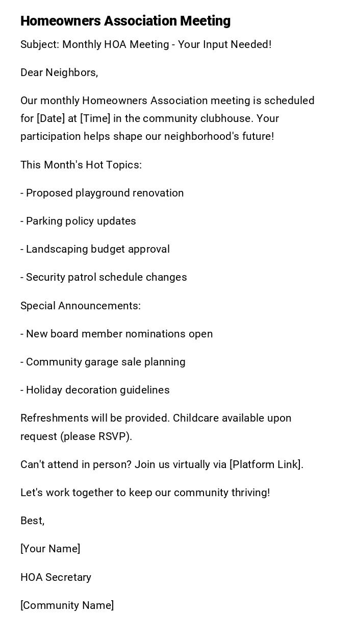 Homeowners Association Meeting Homeowners Association Meeting