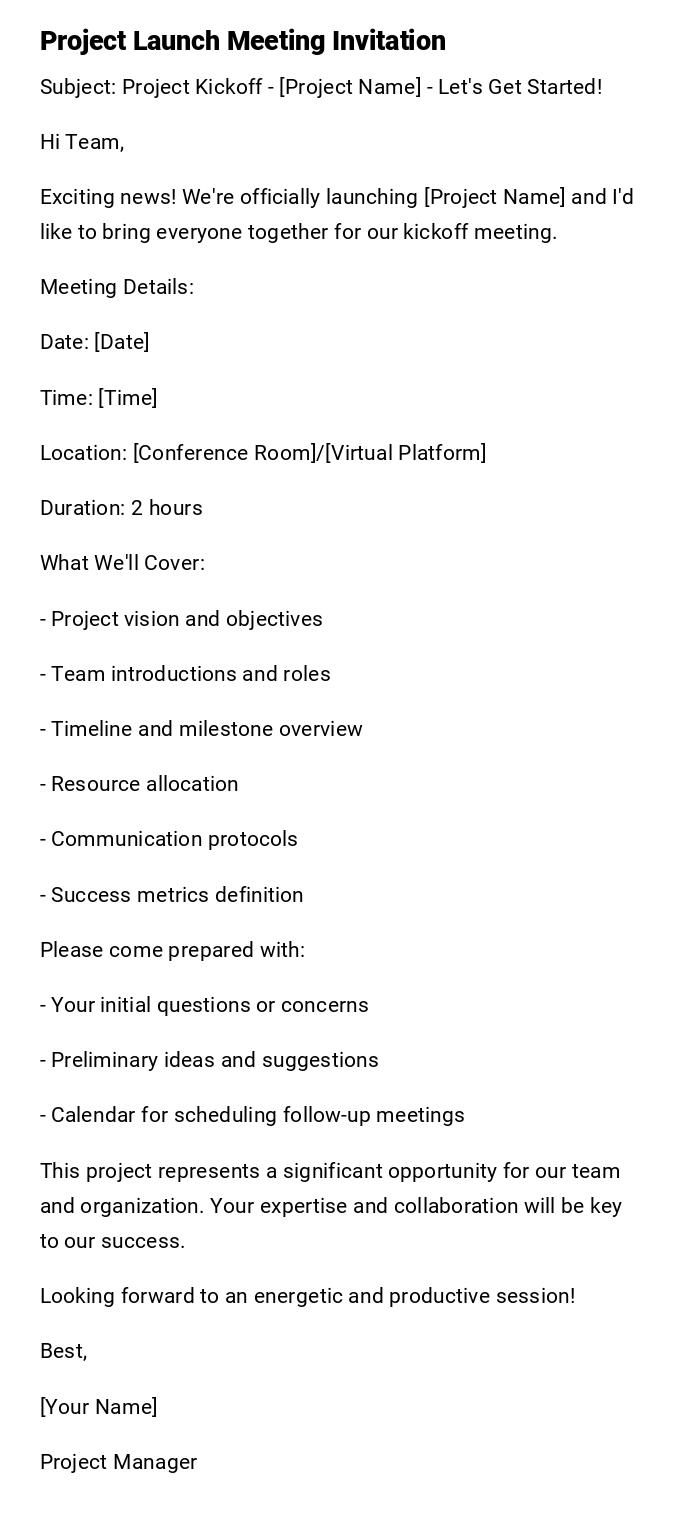 Project Launch Meeting Invitation Project Launch Meeting Invitation