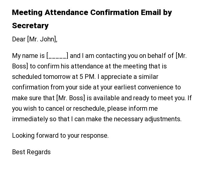 Meeting Attendance Confirmation Email by Secretary