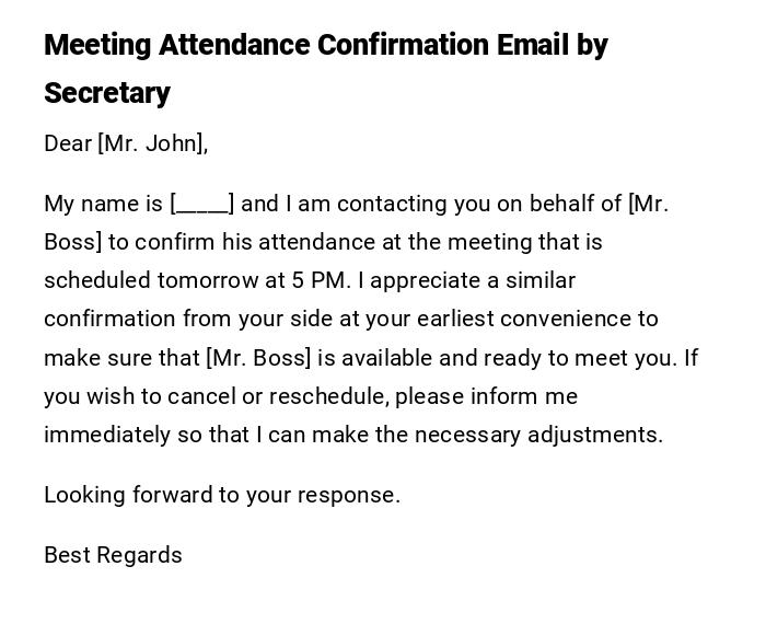 Meeting Attendance Confirmation Email by Secretary