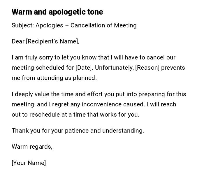 Warm and apologetic tone Warm and apologetic tone
