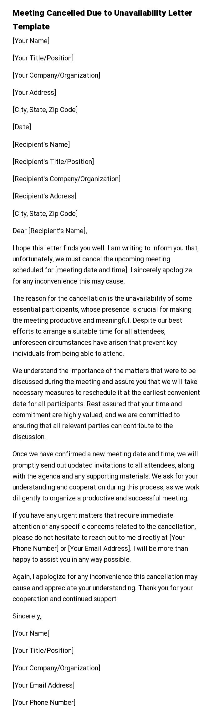 Meeting Cancelled Due to Unavailability Letter Template
