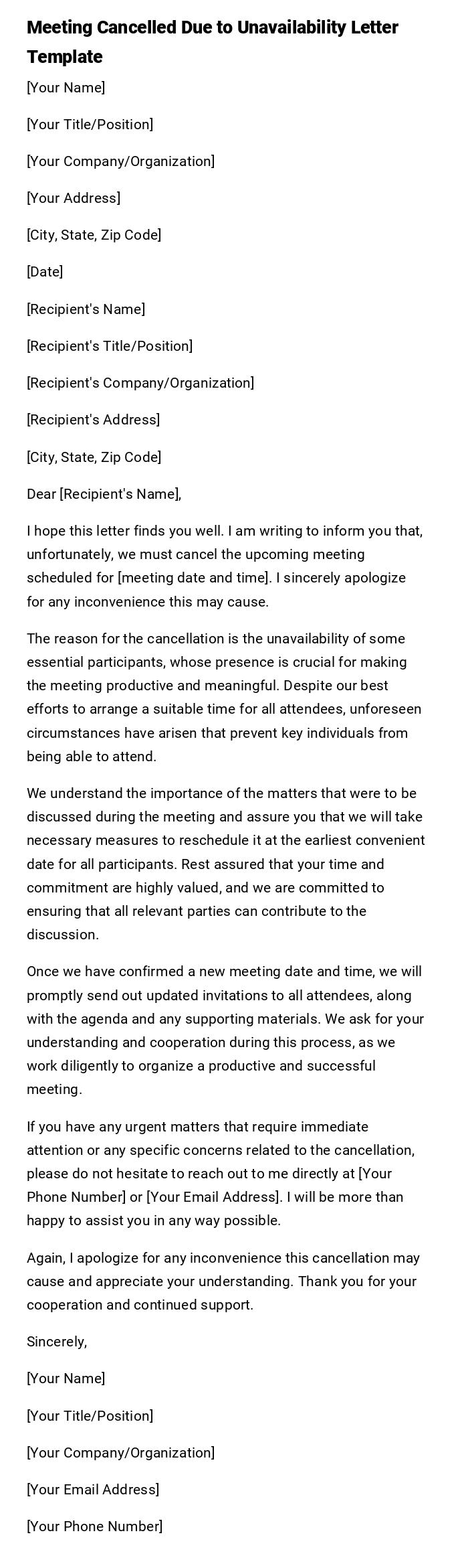 Meeting Cancelled Due to Unavailability Letter Template