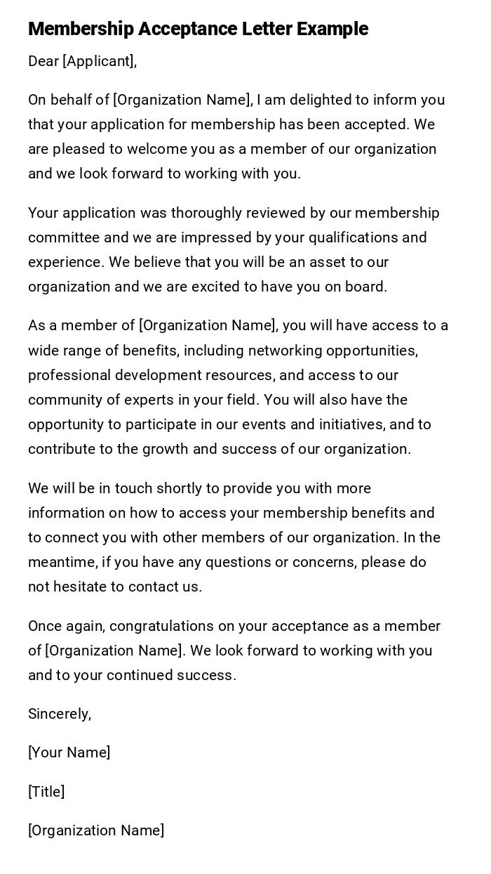 Membership Acceptance Letter Example