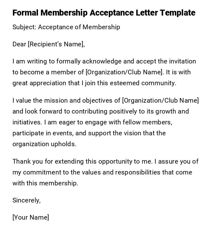 Formal Membership Acceptance Letter Template Formal Membership Acceptance Letter Template