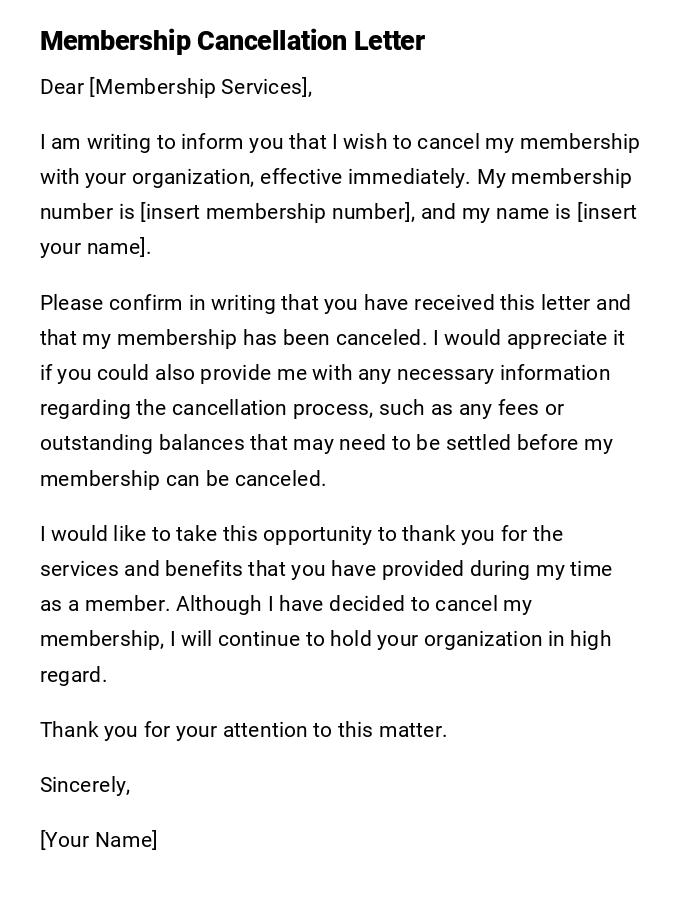 Membership Cancellation Letter