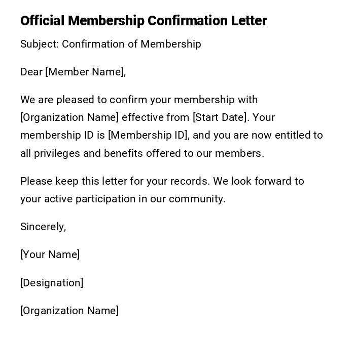 Official Membership Confirmation Letter