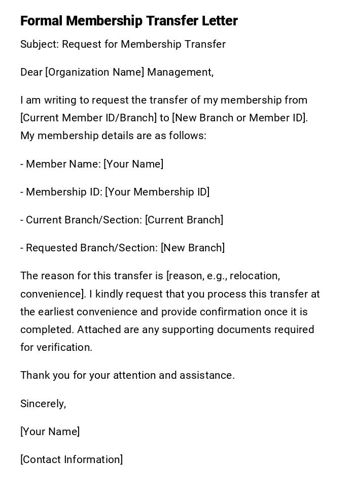 Formal Membership Transfer Letter